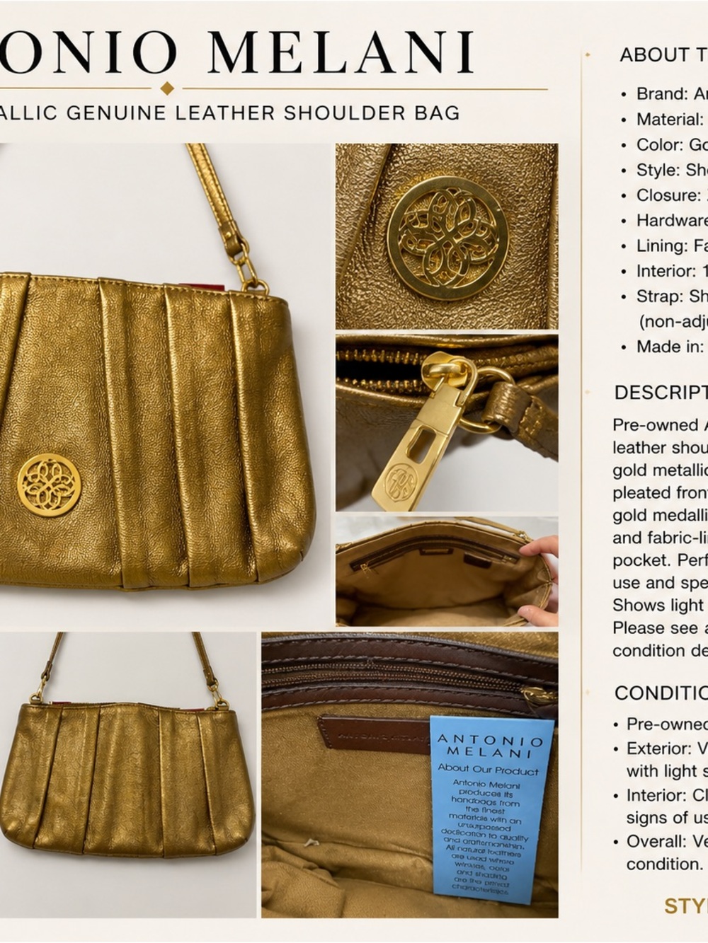 Antonio Melani Gold Metallic Genuine Leather Shoulder Bag Pleated Zip Purse